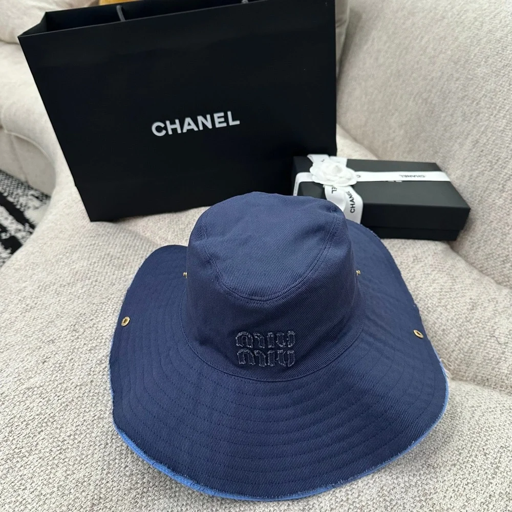 Miu Miu Navy Blue Embroidered Wide Brim Bucket Hat